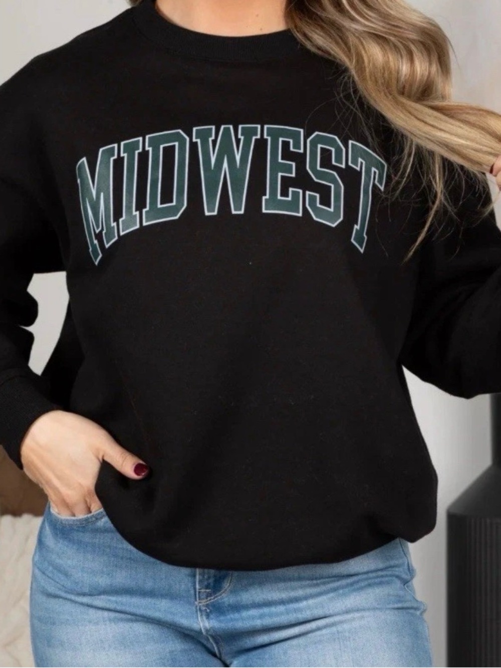 Zenana Outfitters Black Sweatshirt with Green  'MIDWEST' Lettering - Picture 5 of 5